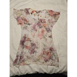 Brittany Black Lace Tunic Top Sz M Mixed Pink Floral Sharkbite Hem Lined Y2K